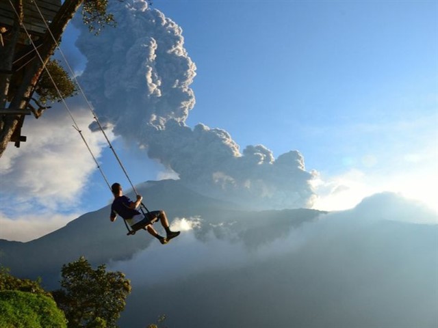 Swing at the End of the World in Banos, Ecuador Deep in the Ecuadorian wilderness is a seismic monitoring station in a tree, known as Casa del Arbol. Its purpose is observe Mt. Tungur...